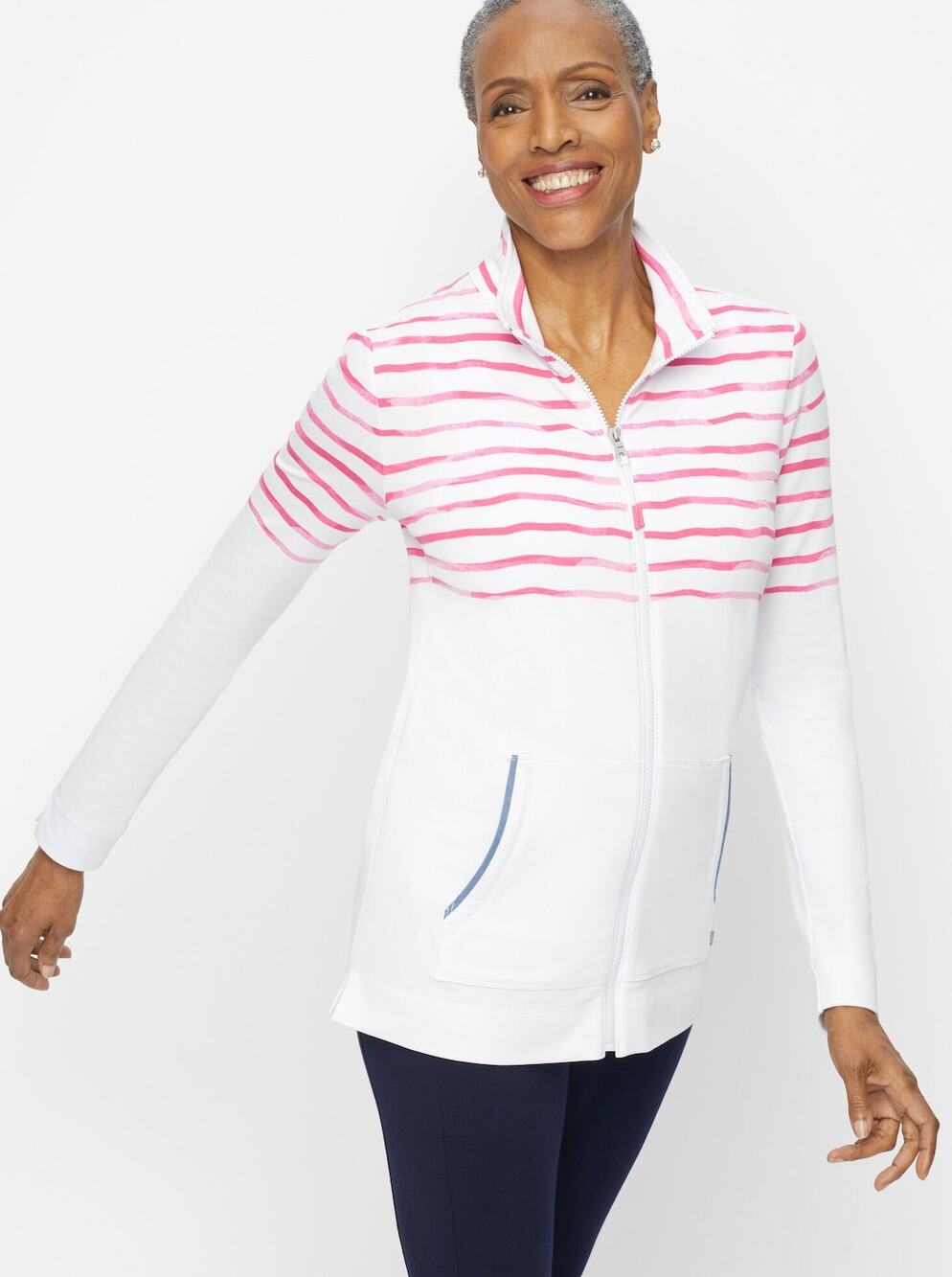 Talbots Womens XS White Pink Tie Dye Stripe Athletic Zip Jacket Lightweight